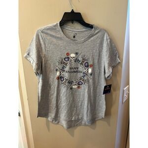 Happy Halloween Womens Graphic T-Shirt Gray Skulls Pumpkins Short Sleeve Large